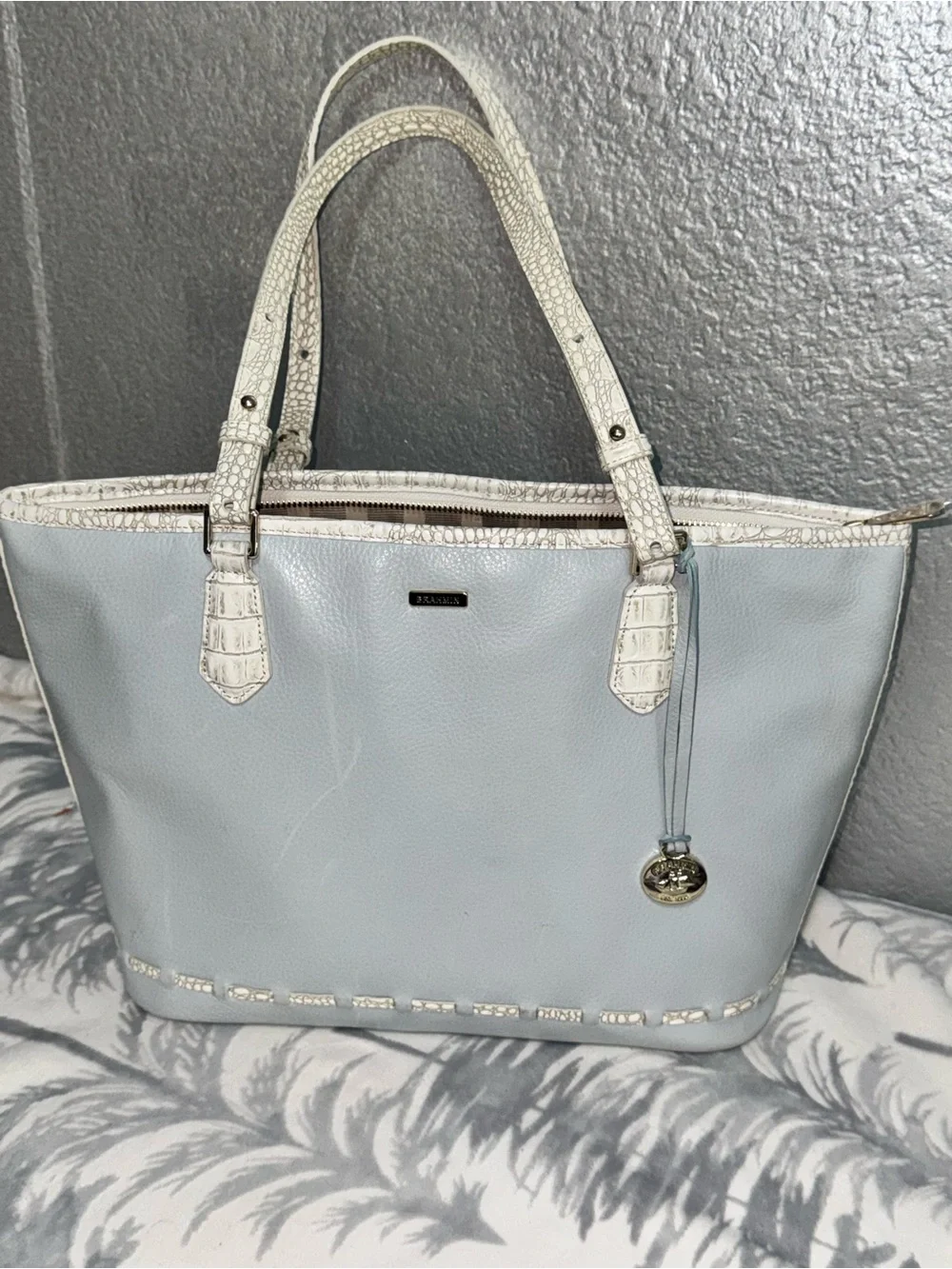Brahmin Powder Blue Tote with White Croc-Trim